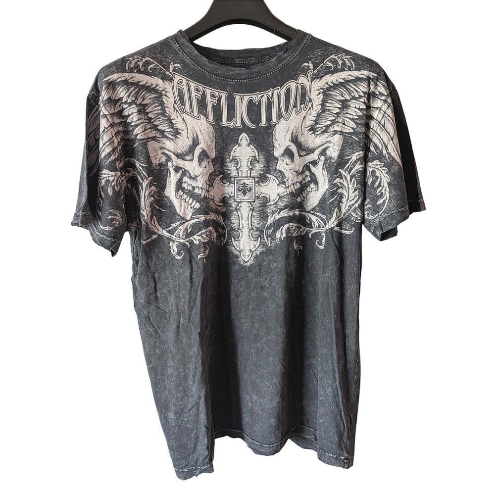 Affliction T-Shirt Mens XL Gray Skulls Wings Y2K Made in USA Limited Edition